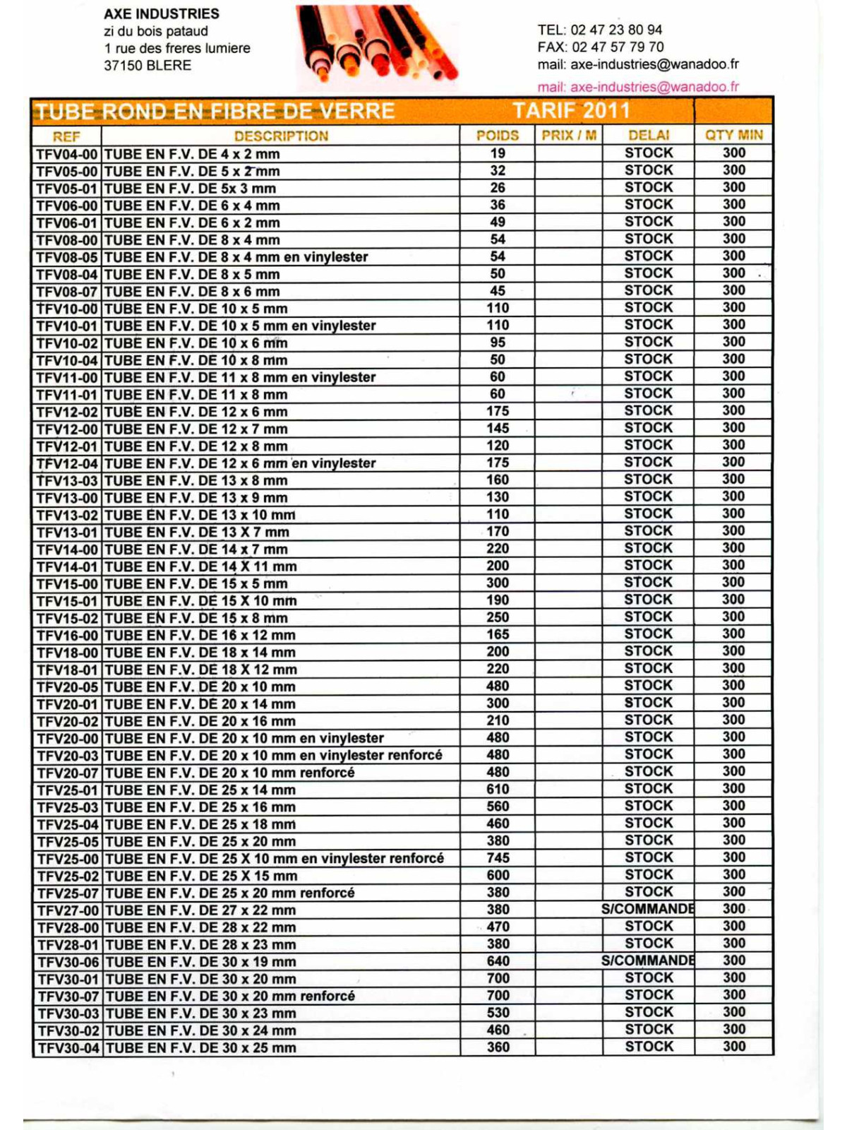 LISTE  DES TUBES FIBRE DE VERRE