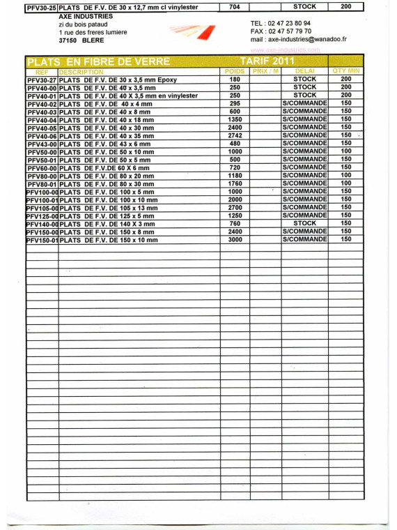 LISTE PLATS  FIBRE DE  VERRE (Nos consulter pour un devis )