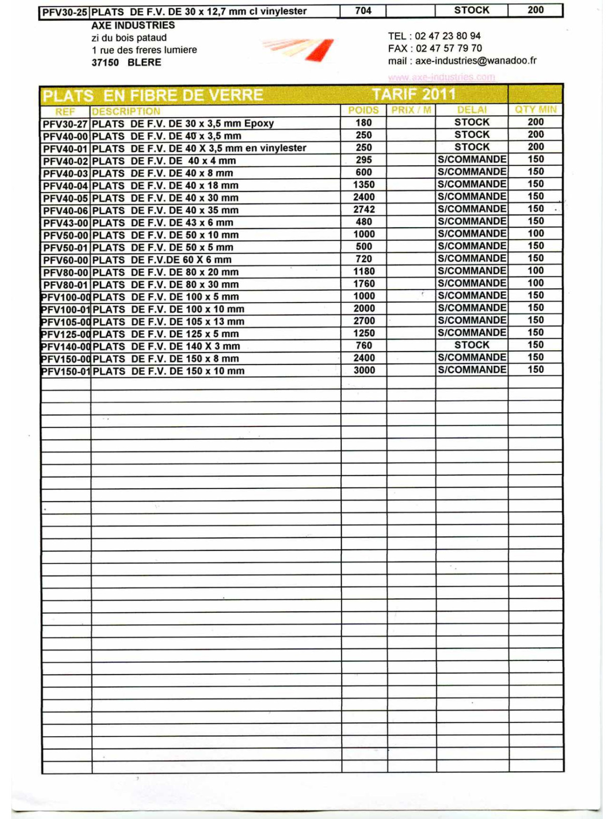LISTE PLATS  FIBRE DE  VERRE (Nos consulter pour un devis )