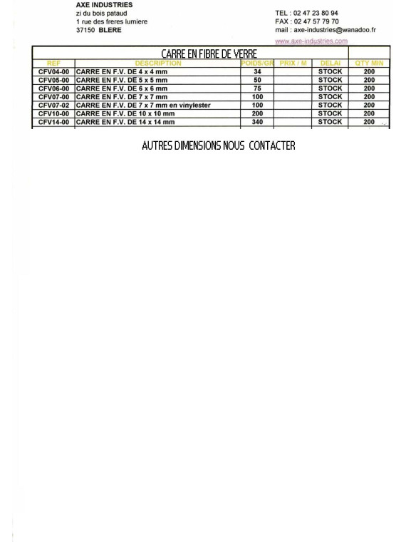 LISTE CARRE EN FIBRE DE VERRE (Nous consulter  pour  un devis )