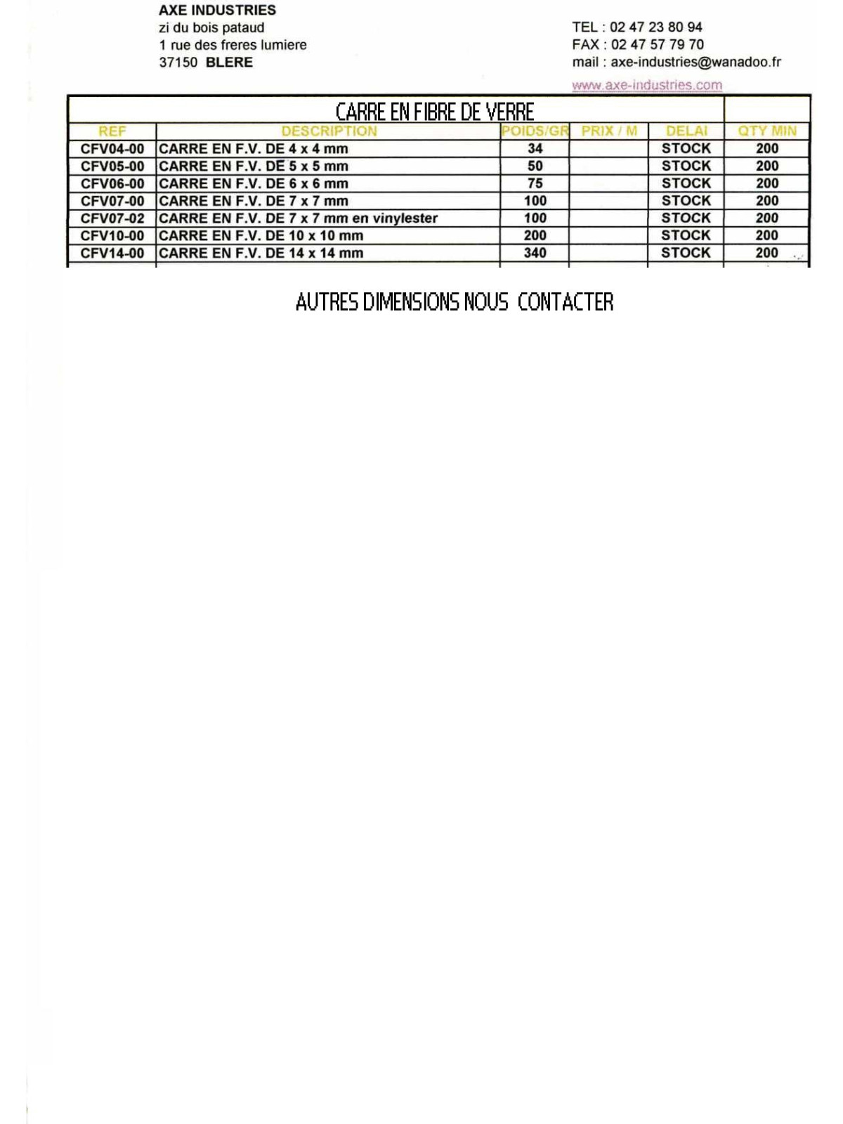 LISTE CARRE EN FIBRE DE VERRE (Nous consulter  pour  un devis )