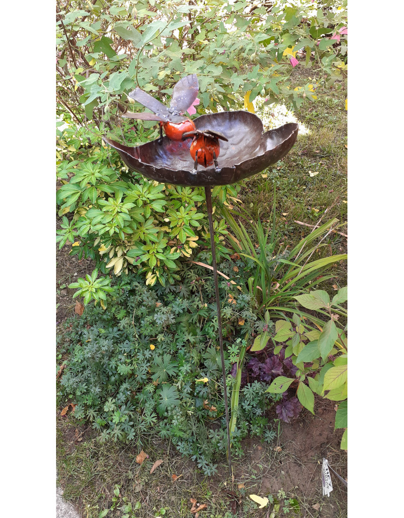 Tuteur Rouge-gorge, oiseau en métal recyclé, déco jardin